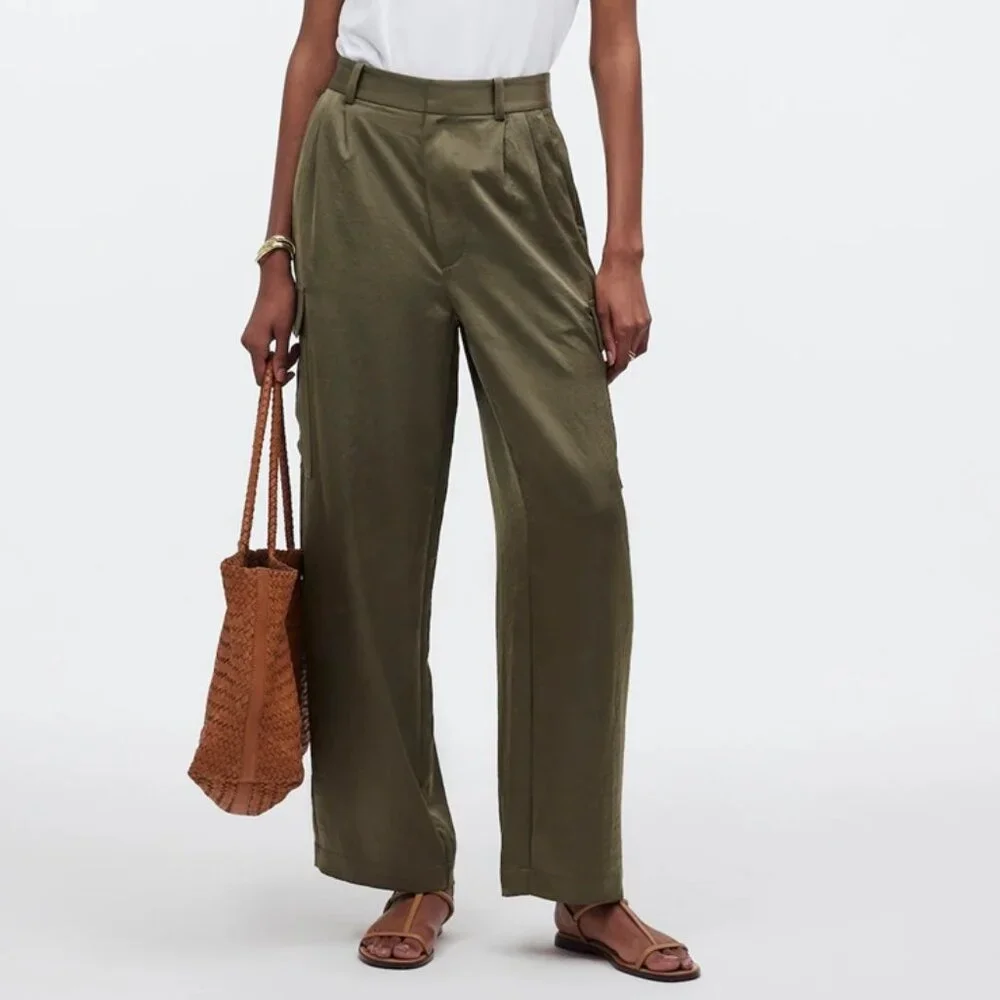 Madewell High Rise Straight Leg Cargo Pleats Trousers in Satin Olive Green 6